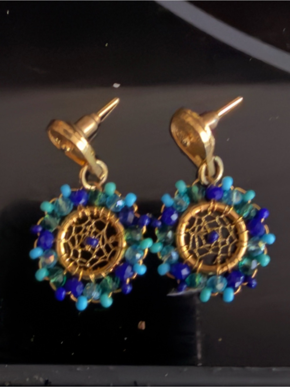 Gold Dreamcatcher Drop Earrings with Blue and Turquoise Beads